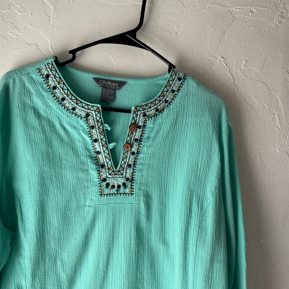 City Blues Size‎ XL Teal Green Beaded Art To Wear Cotton Boho Lagen Blouse
